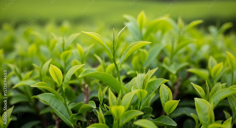 Fototapeta premium Close-up of tea leaves in farm field
