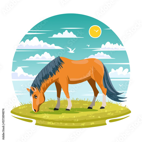 A serene horse grazing on a sunny day with picturesque landscape