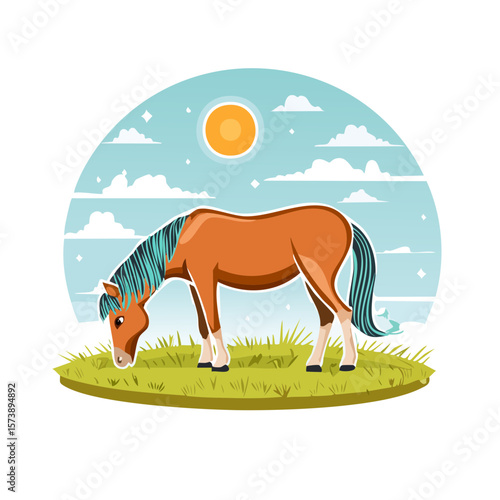 Horse grazing in a field under a bright sun