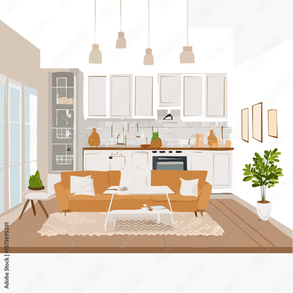 Fototapeta premium Cozy Living Room and Kitchen Interior Design in Warm Earth Tones