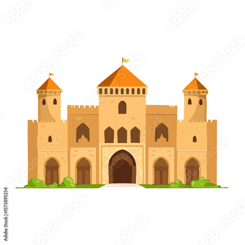 Cartoon Illustration of a Moorish Castle with Towers and Arches