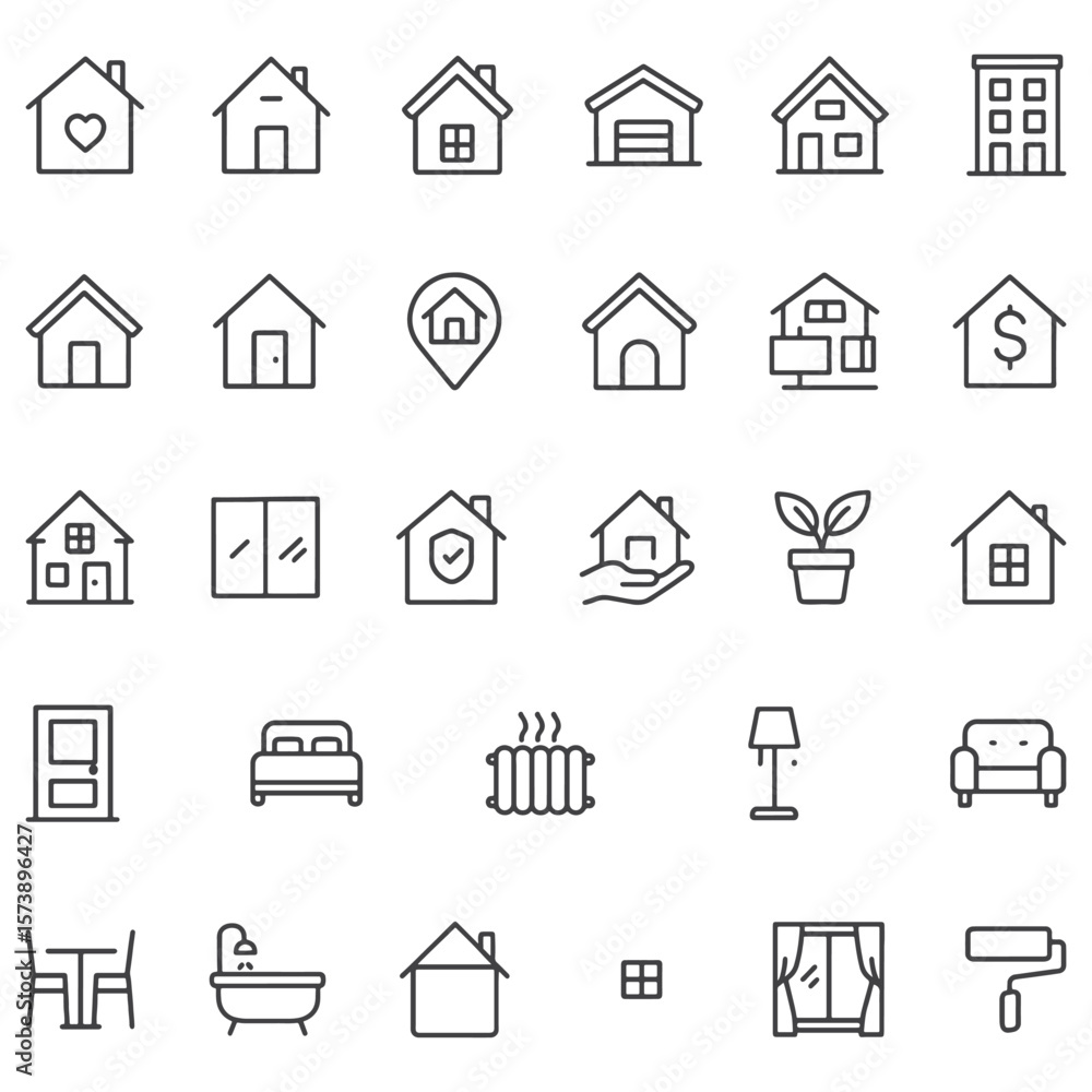 Unique Home Line Icons Pack – Vector Symbols of Houses, Furniture, Interior, Real Estate & Home Decor Elements Unique Home Line Icons Pack – Vector Symbols of Houses, Furniture, Interior, Real Estate & Home Decor Elements