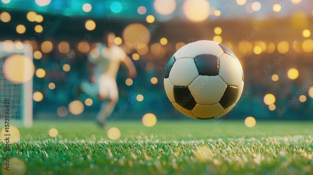 Fototapeta premium Soccer ball rolling over grass, soccer powerfully during nighttime struck match under bright stadium illumination