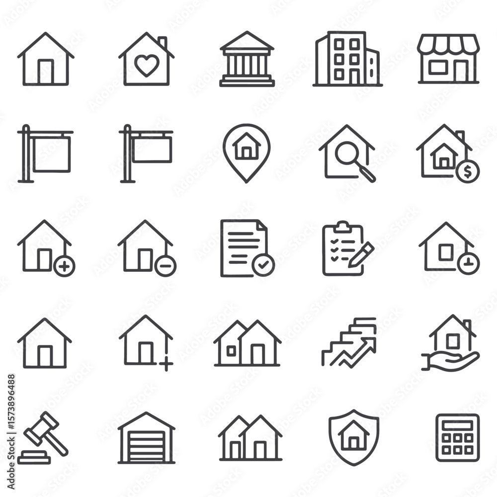 Fototapeta premium Real Estate Line Icons Pack – Minimalist Property, Home, Apartment, Mortgage, Sale & Rent Symbols