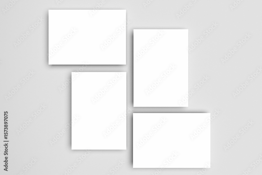 Four blank white A4, A5, or A3 paper mockups dynamically arranged and isolated on a gray background with soft shadows, ideal for minimalist design presentations. Blank 3D rendering Four blank white A4, A5, or A3 paper mockups dynamically arranged and isolated on a gray background with soft shadows, ideal for minimalist design presentations. Blank 3D rendering