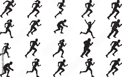 Running Silhouettes Vector Set – Dynamic Male, Female & Child Runners in Motion on White Background