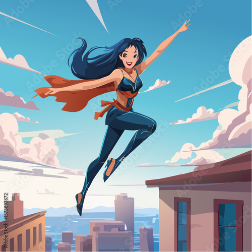 Vector anime Catwoman in action, mid-leap, showing her jumping from a building or swinging across rooftops, her costume flowing dramatically behind her as she performs a daring acrobatic 