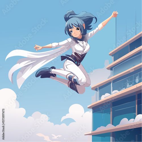 Vector anime Catwoman in action, mid-leap, showing her jumping from a building or swinging across rooftops, her costume flowing dramatically behind her as she performs a daring acrobatic 
