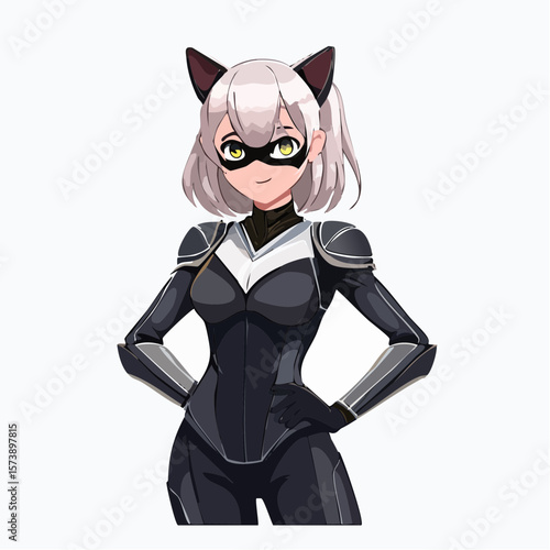 Vector anime Catwoman with a mischievous smile, showing her in a playful pose, wearing a classic cat mask and gloves, with a subtle smirk that adds to her mysterious allure