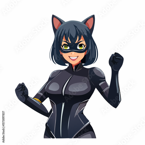 Vector anime Catwoman with a mischievous smile, showing her in a playful pose, wearing a classic cat mask and gloves, with a subtle smirk that adds to her mysterious allure