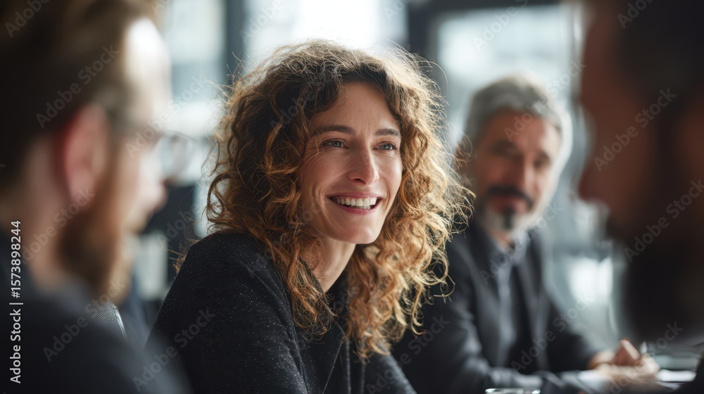 Obraz premium Smiling woman with curly hair engaged in a positive and collaborative conversation with colleagues during a business meeting in a modern office, highlighting teamwork, communication