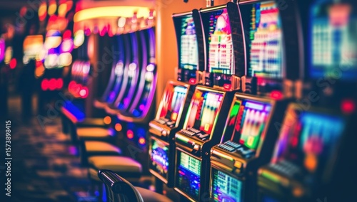 A vibrant casino interior featuring colorful, illuminated slot machines lined up with blurred background lights.