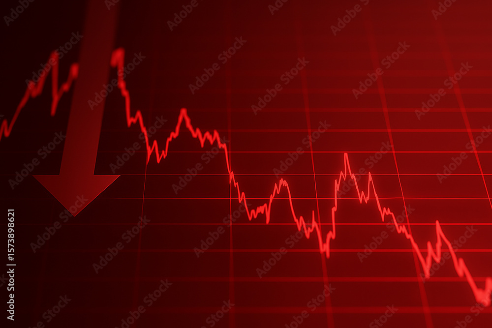 Naklejka premium A red graph shows a sharp decline with a downward arrow, indicating financial loss and economic recession