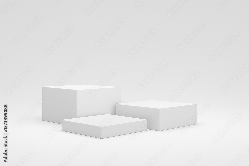 Three white geometric cubes are displayed on a clean white background, isolated on white background Three white geometric cubes are displayed on a clean white background, isolated on white background
