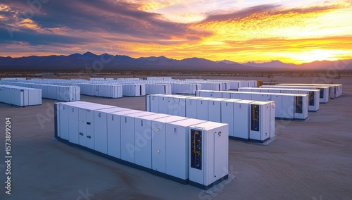 Large outdoor array of white battery storage units under a colorful sunset sky in a desert landscape.