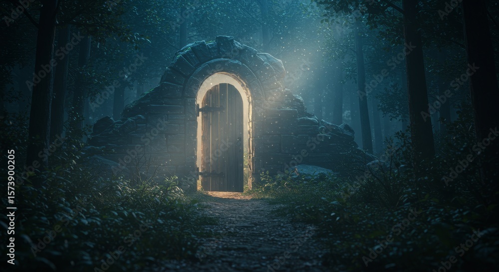 Fototapeta premium Enigmatic Forest Gateway - A mystical stone archway with a glowing wooden door stands in a dark, foggy forest. A path leads towards it