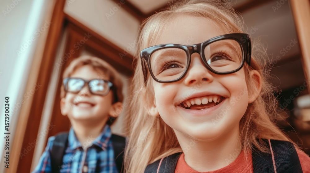 Obraz premium Happy kids, glasses, school, doorway, backpacks, outdoor, portrait, education, cheerful, fun