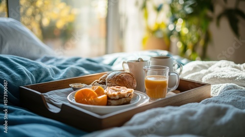 Sunny bedroom breakfast tray with pastries, fruit, coffee, and juice