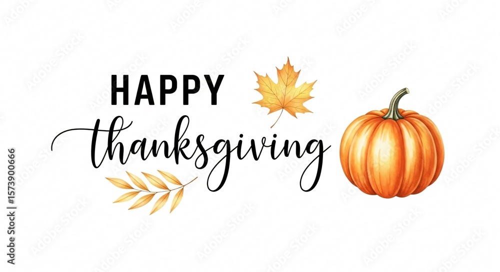 custom made wallpaper toronto digitalThanksgiving Watercolor Pumpkin Design: Autumn Harvest, Fall Leaves, Wheat, Happy Thanksgiving Greeting