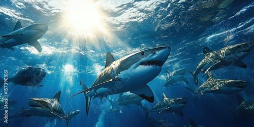 A group of sharks swimming underwater with sunlight piercing through the ocean surface.