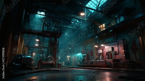 Abandoned futuristic factory in the early morning with light filtering through broken windows, glinting off rusty chrome machines and dusty blue fog 