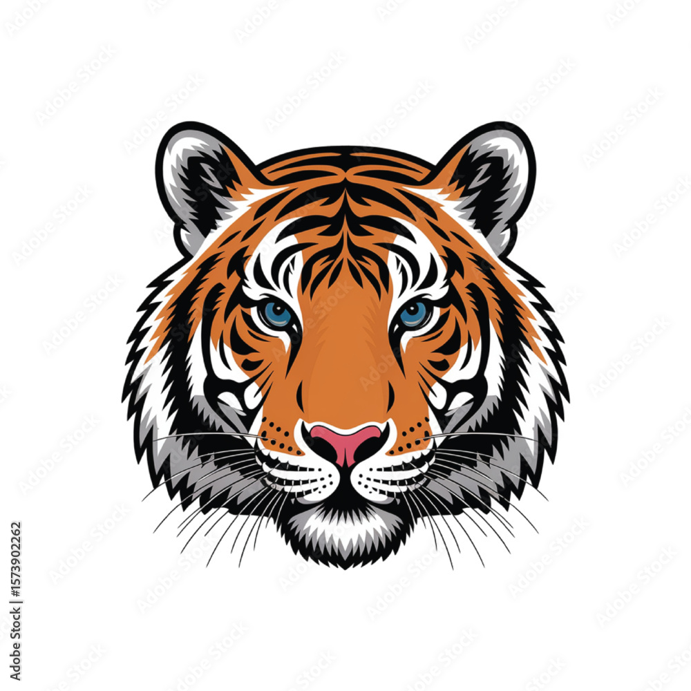 Fierce orange tiger face with piercing blue eyes and black stripes animal portrait Fierce orange tiger face with piercing blue eyes and black stripes animal portrait