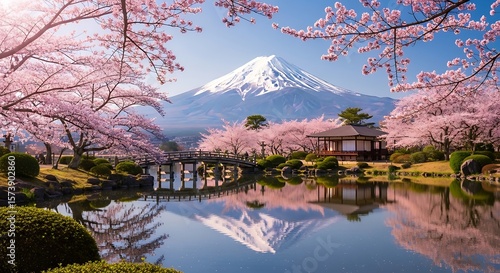 Mount Fuji with cherry blossoms and lake