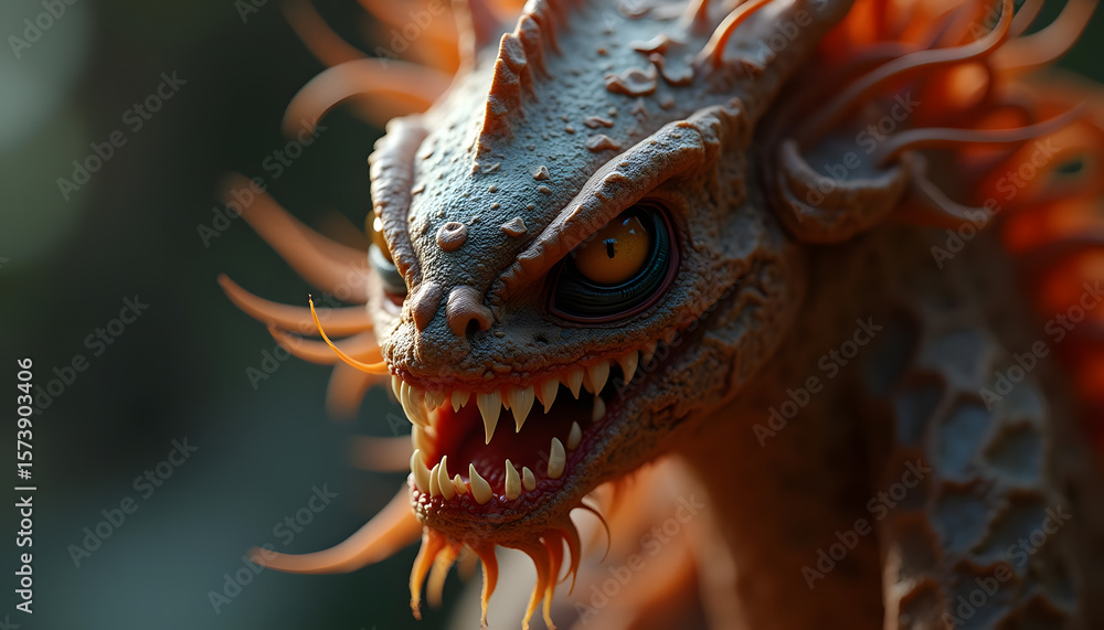 Fantasy Dragon Creature Sharp Teeth Brown Scaled Skin Close-up Fantasy Dragon Creature Sharp Teeth Brown Scaled Skin Close-up