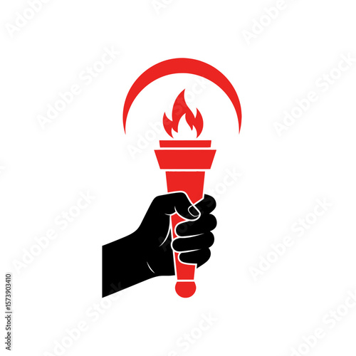 A black hand holding a red torch with a flame and a red arc above it on a white background