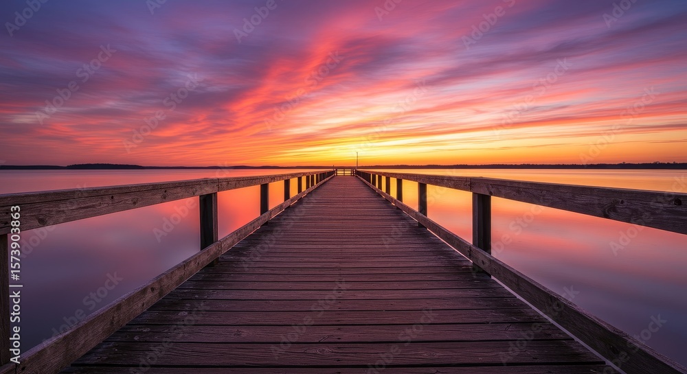 Fototapeta premium Serene Sunset Pier on Calm Lake - Peaceful sunset over still lake water, wooden pier extending towards horizon. Symbolizes tranquility, hope, journey, reflection, and serenity