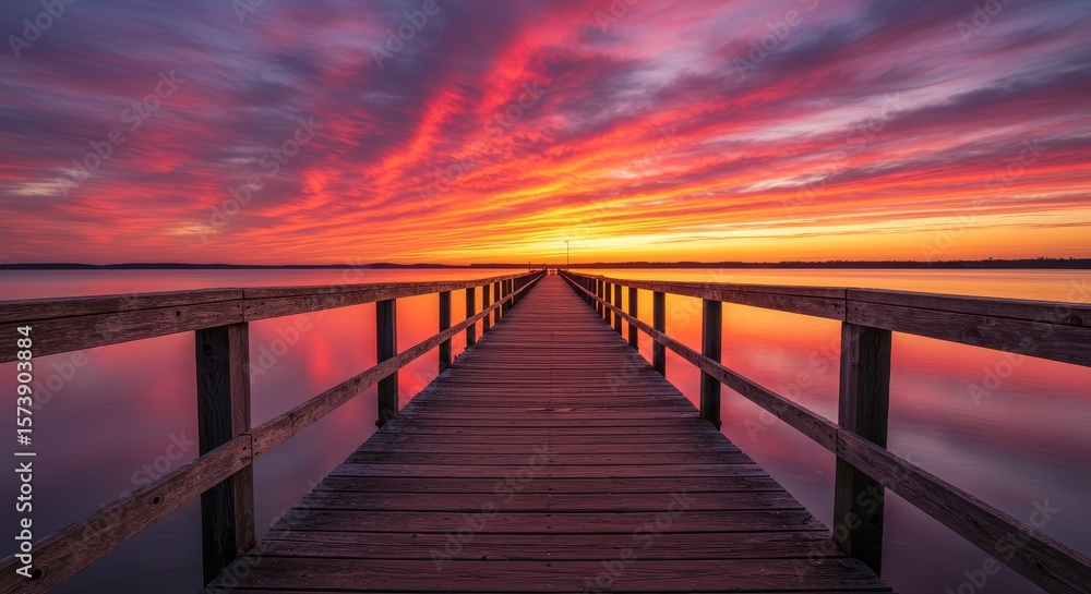 Obraz premium Serene Sunset Pier on Calm Lake - Peaceful sunset over still lake water, wooden pier extending towards horizon, vibrant sky colors, tranquility, serenity.