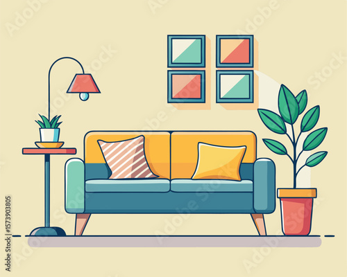 Cozy Living Room Illustration with Sofa, Lamp, and Plants modern living room.