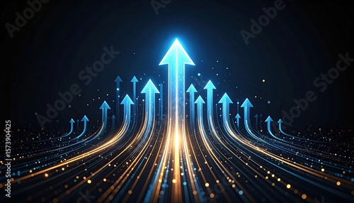 Abstract digital upward arrows on dark background
