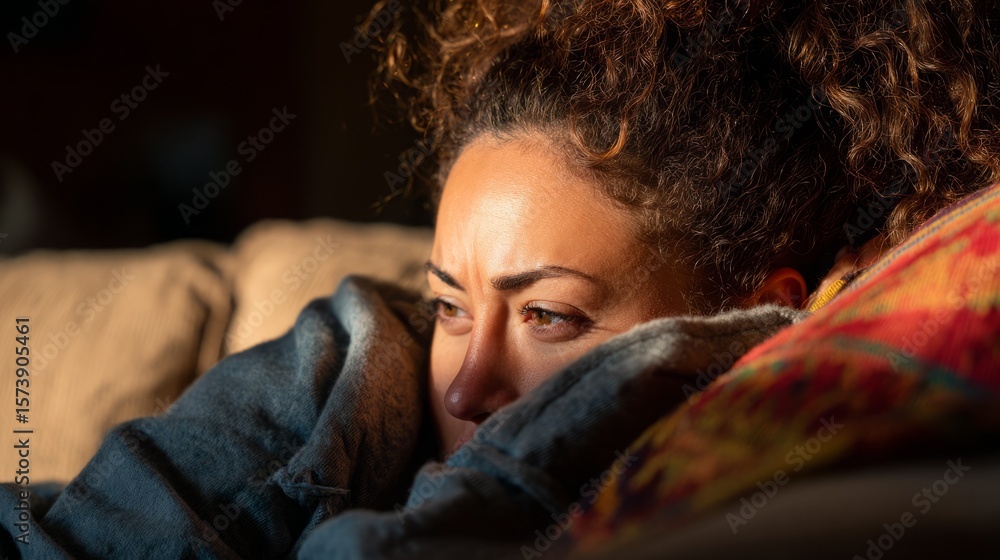 Fototapeta premium Tired exhausted woman resting on couch wrapped in blanket, feeling unwell and fatigued from long term illness, chronic sickness and health recovery concept.