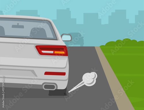 Close-up view of punctured rear tire. Back view of a white sedan car on road. Flat vector illustration template.