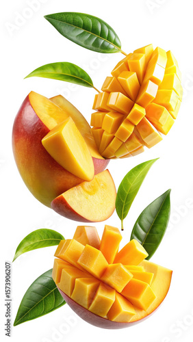 flying mango fruit and half slices isolated on transparent white background, clipping path