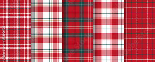 Plaid seamless pattern. Christmas checkered background. Set gingham prints. Tartan red green texture. Flannel shirt textile. Lumberjack fabrics. Buffalo tablecloth. Vichy backdrop. Vector illustration