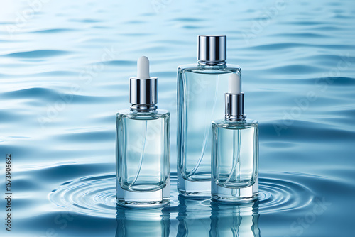 Wallpaper Mural A transparent glass perfume bottle with a blue sprayer, isolated on white, contains a luxurious cosmetic liquid fragrance Torontodigital.ca