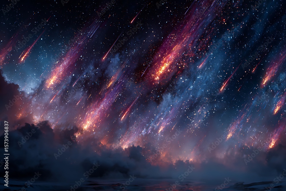 Fototapeta premium Fiery meteor shower over dark cloudscape night sky