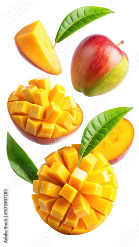 flying mango fruit and half slices isolated on transparent white background, clipping path