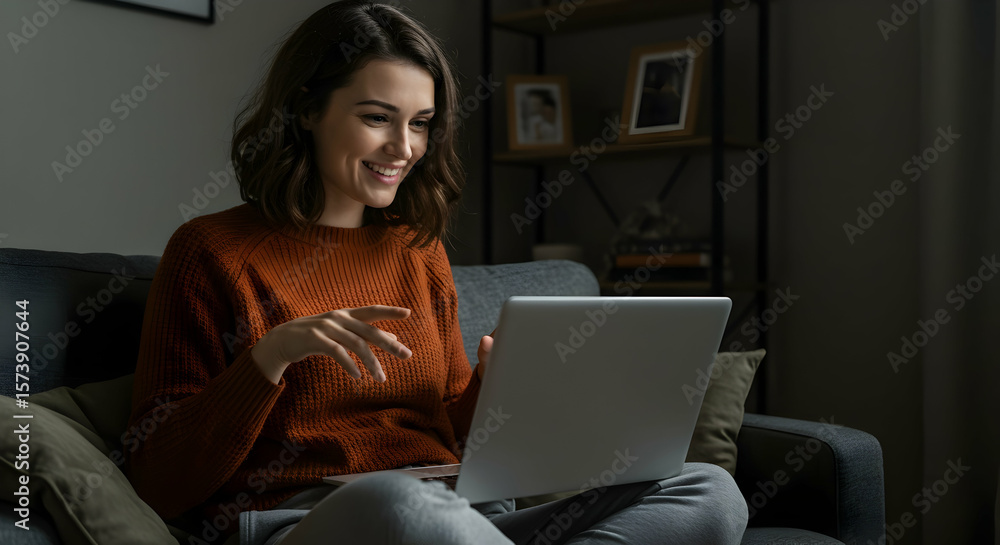 Happy woman video chatting on laptop at home smiling joyful relaxing comfortable couch living room technology internet connection communication Happy woman video chatting on laptop at home smiling joyful relaxing comfortable couch living room technology internet connection communication