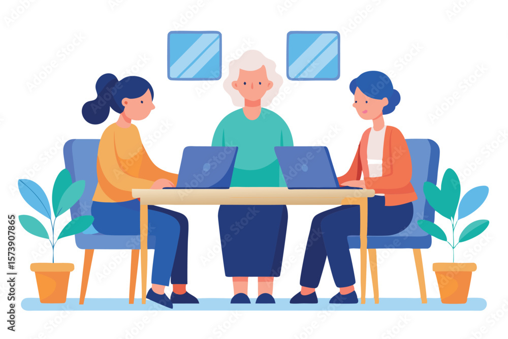 A group of colleagues are collaborating on laptops in a modern office setting A group of colleagues are collaborating on laptops in a modern office setting