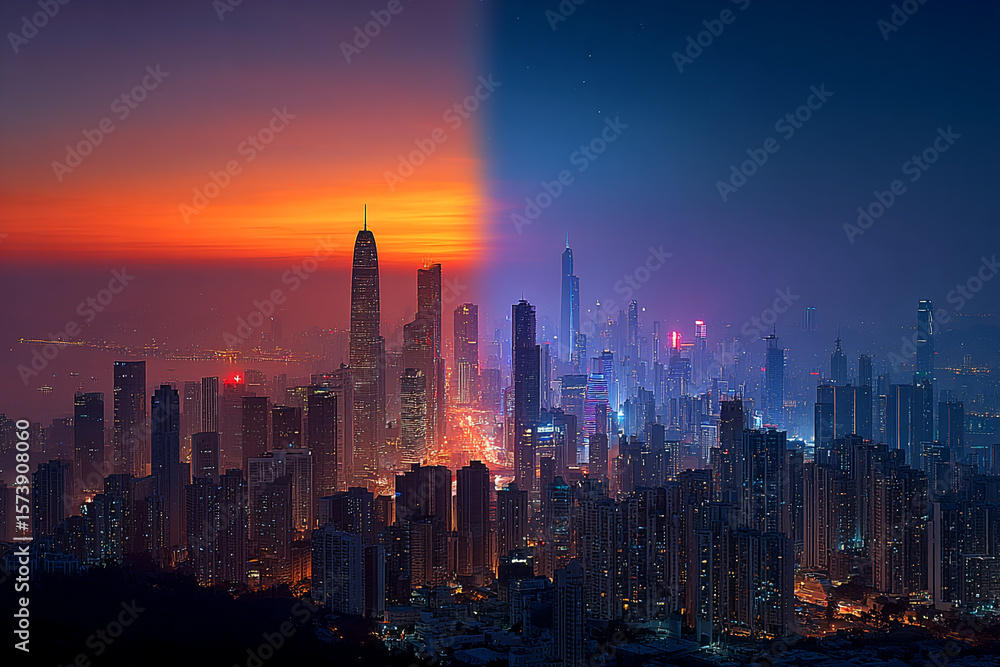 Obraz premium Urban cityscapes and serene riverscapes glow under the radiant sky, from fiery sunsets and tranquil sunrises to the dramatic silhouettes of buildings at dusk