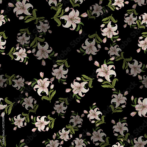 Pink and green lily flowers seamless pattern on black background.
