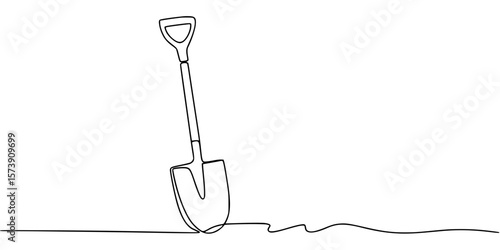 Minimalist black continuous line drawing of a shovel