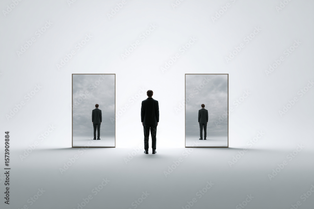 Obraz premium A person stands between two mirrors, each reflecting
