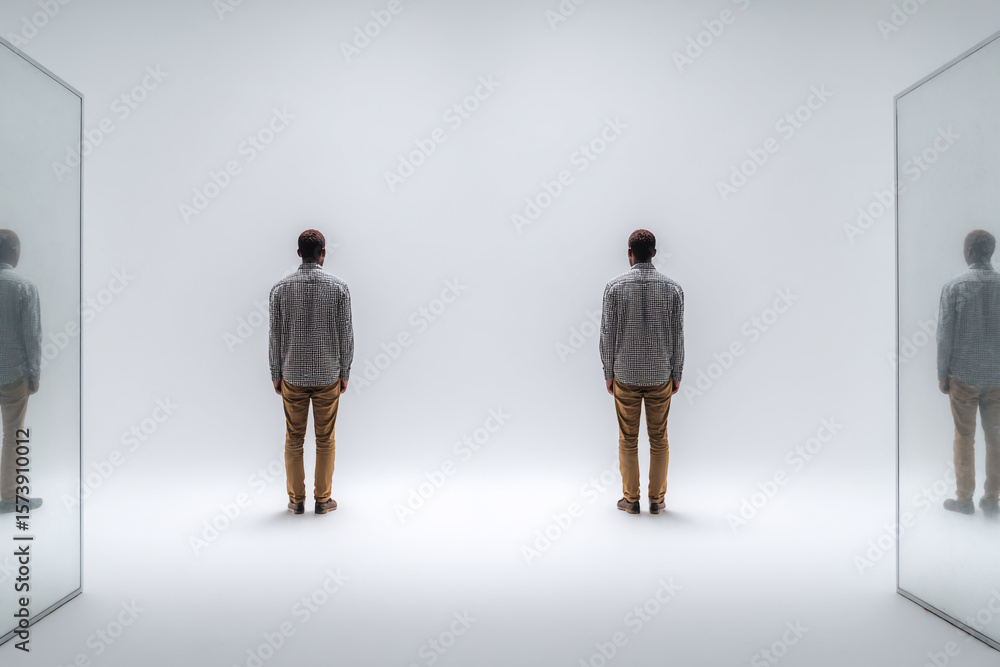 Obraz premium A person stands between two mirrors, each reflecting