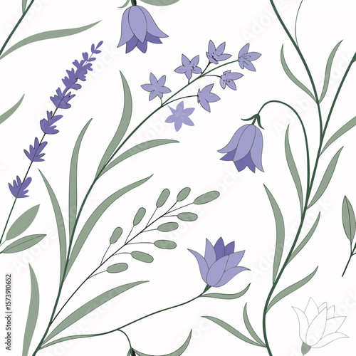 Seamless lavender and bluebell floral pattern