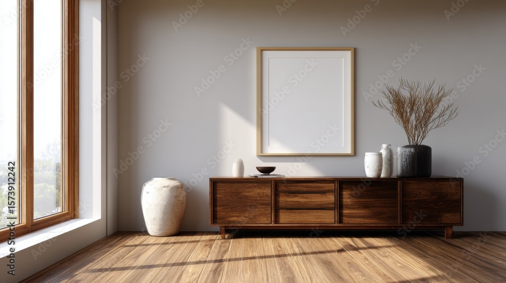 Fototapeta premium Modern living room interior wooden sideboard framed artwork and decorative vases
