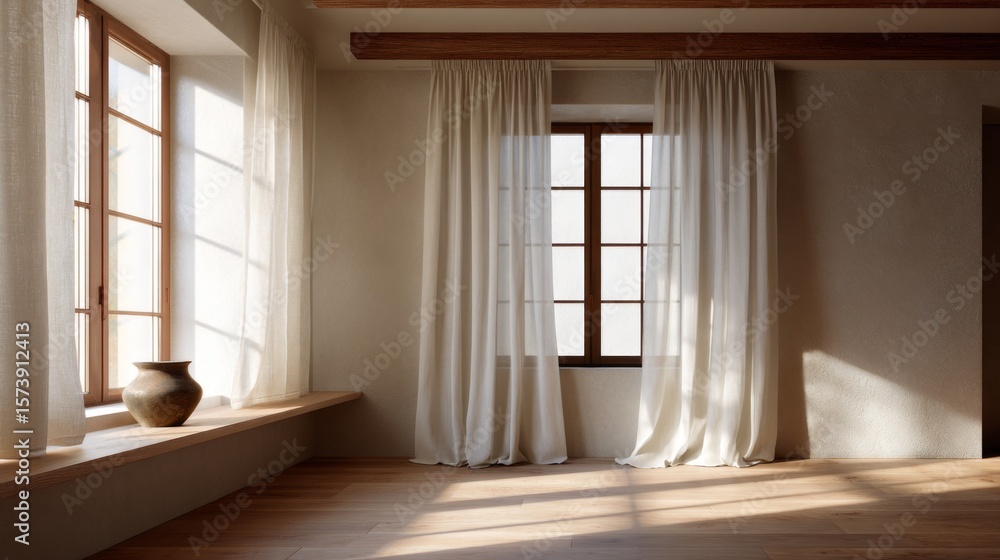 Fototapeta premium Sunlit room interior with linen curtains wooden window and earthenware pot
